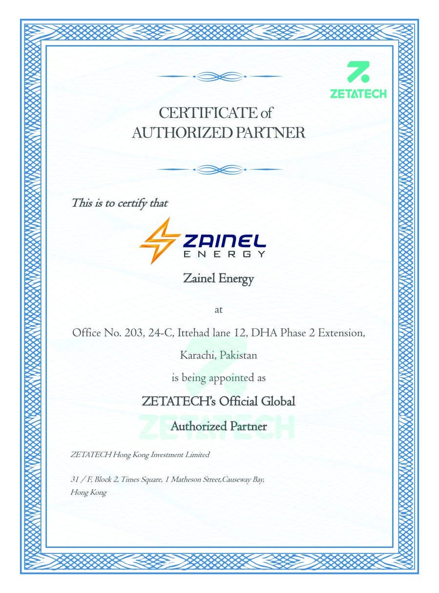 Certificate of Authorized Partner issued to Zainel Energy by Zetatech