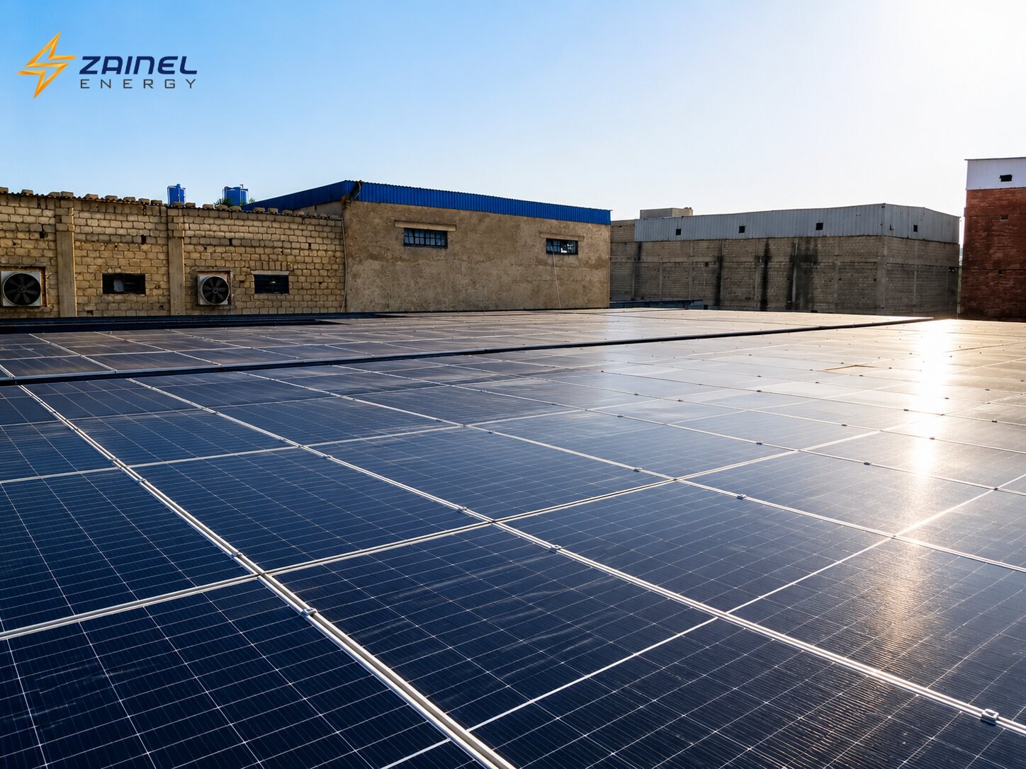 Industrial rooftop solar array installed by Zainel Energy