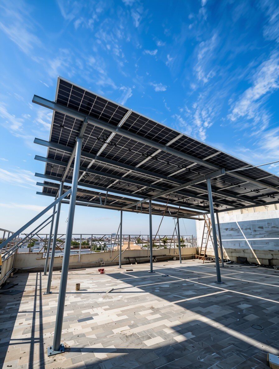 Elevated rooftop solar canopy structure